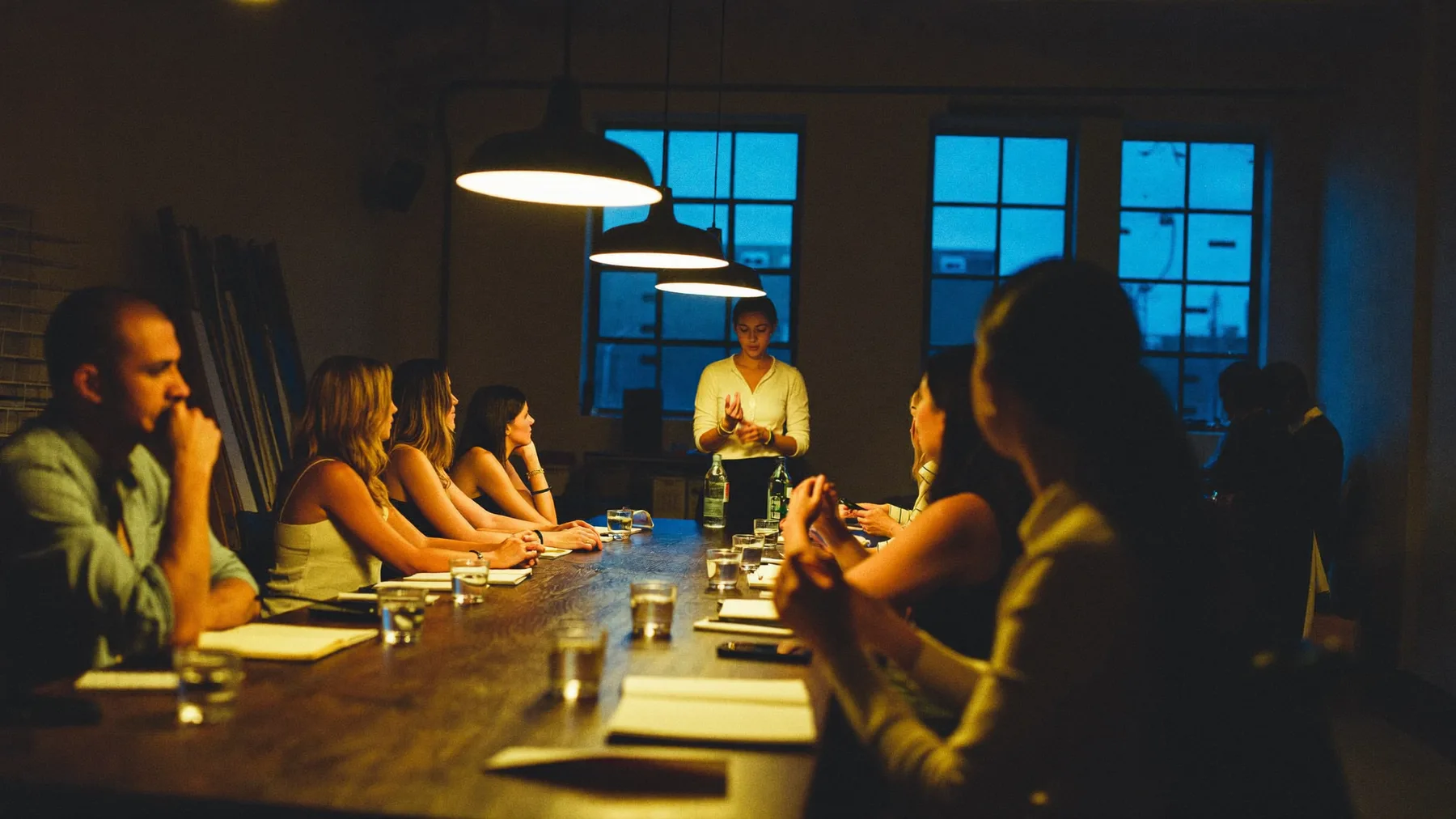 A long table of business owners in conversation under warm lighting