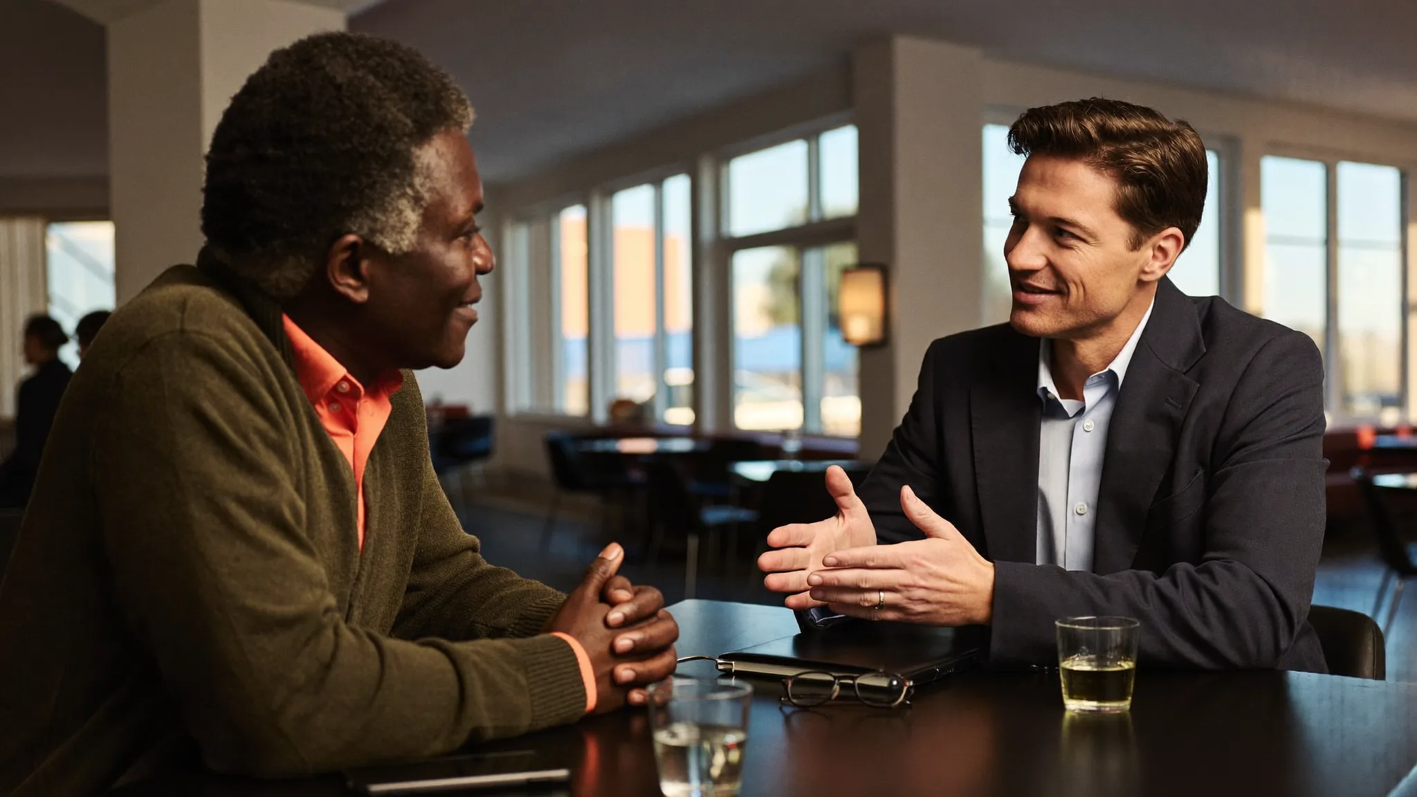 Two business owners in conversation across a table in the evening